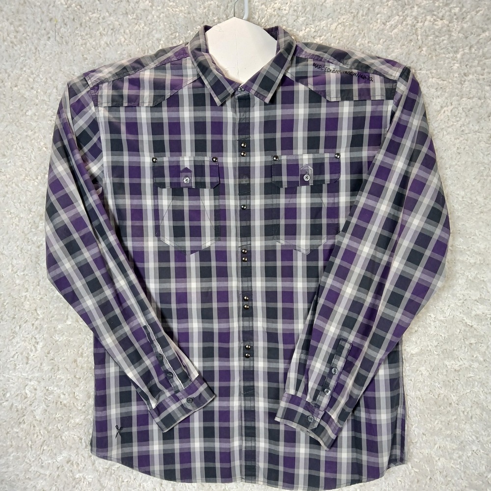 Marc Ecko Cut Sew Mens Plaid Long Sleeve Snap Front Shirt 2X‎ Large Purple Gray